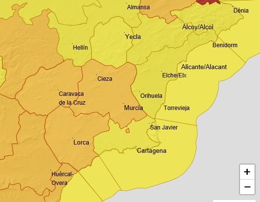 Aemet actualiza aviso y emite naranja con 100 l/m2 en parte de la Región