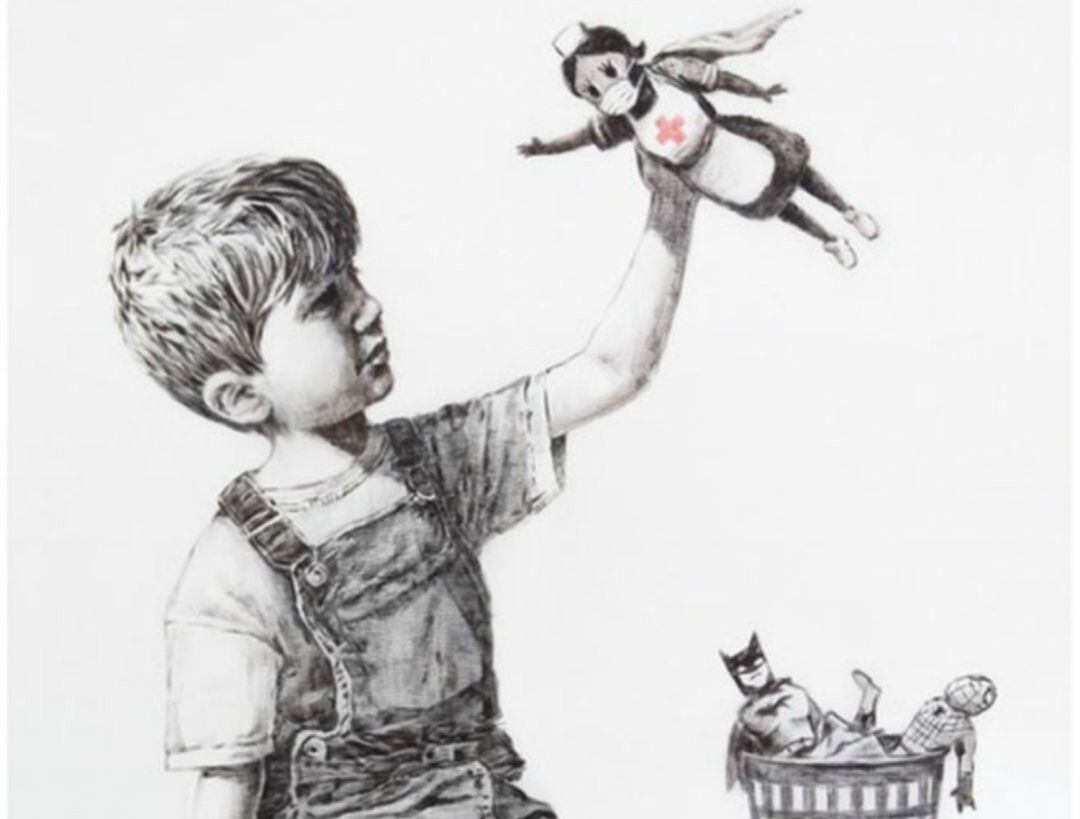 Los auténticos héroes en estos meses, en un homenaje del pintor Bansky