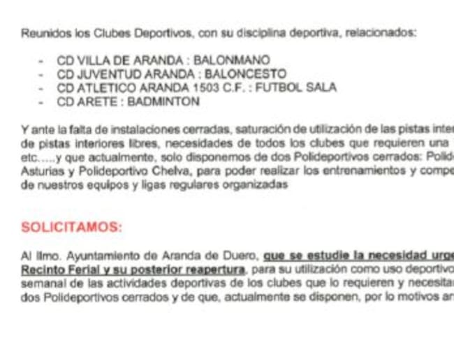 Este es el documento presentado al Ayuntamiento por los cuatro clubes firmantes.