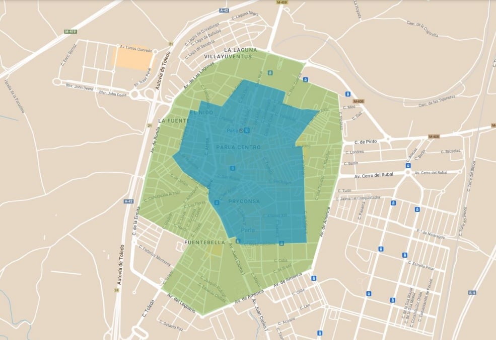 Límites de la Zona de Bajas Emisiones de Parla y del Área de Prioridad Residencial con parquímetros