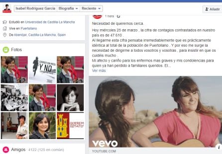 Publicación en la cuenta personal de Isabel Rodríguez en Facebook