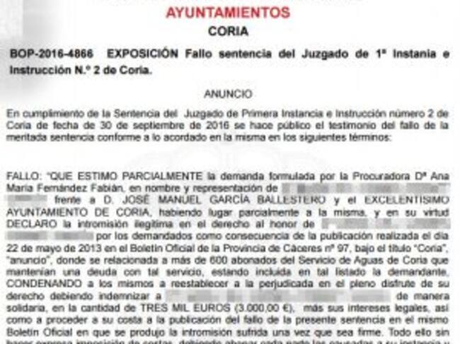 Anuncio del BOP Cáceres con la resolución de la sentencia contra el Ayuntamiento y el alcalde de Coria