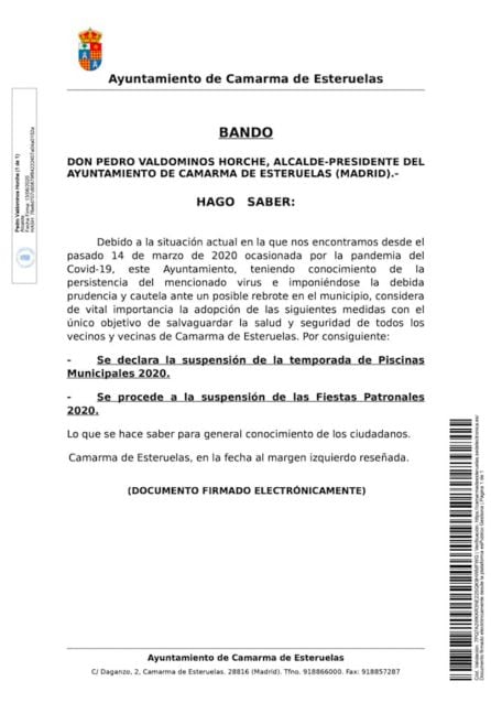 Bando Municipal que anuncia la suspensión de la temporada de piscinas y las Fiestas Patronales 2020