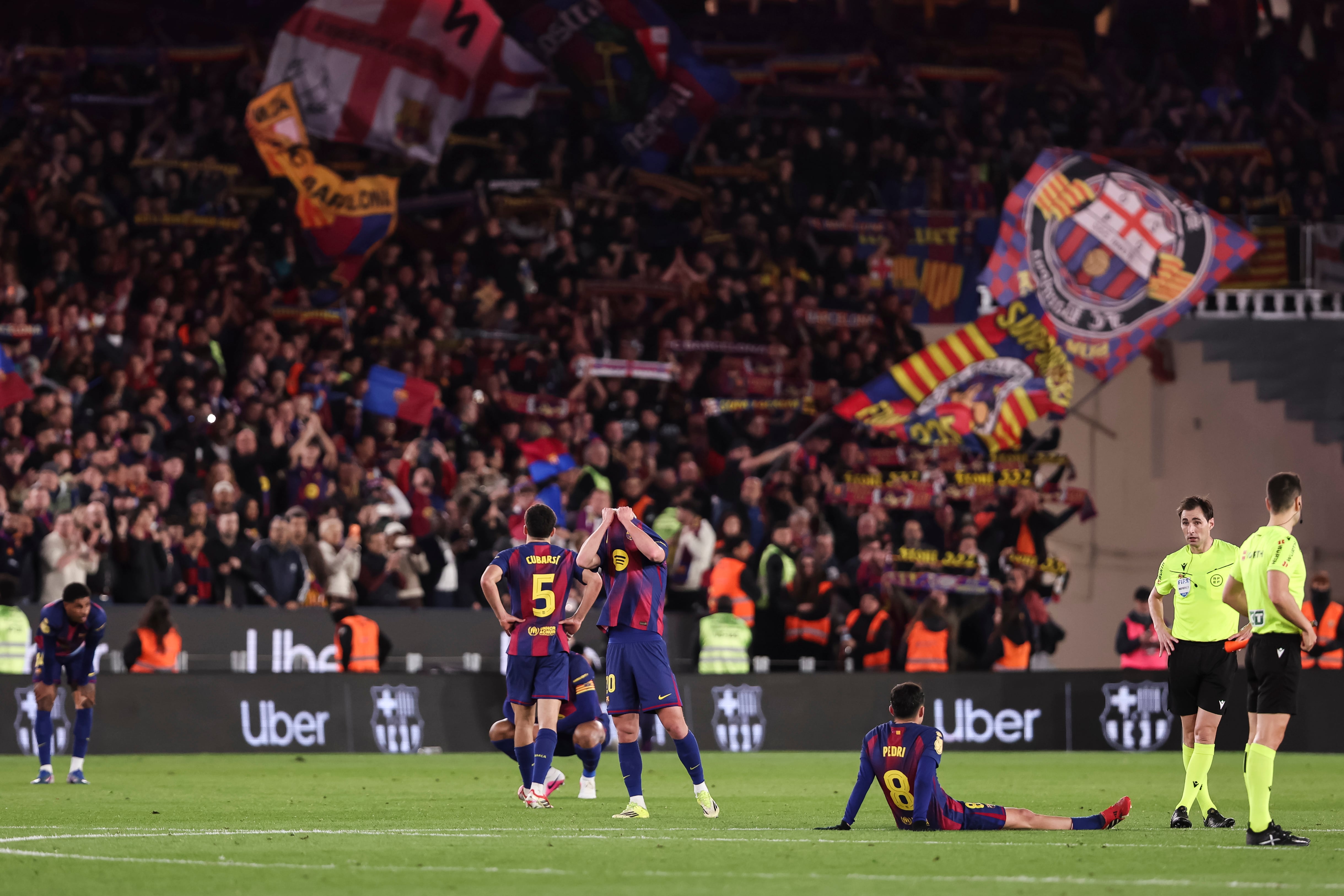 BARCELONA, SPAIN - MARCH 03: Players of FC Barcelona lament their elimination from the Spanish Cup, Copa del Rey, football match Semifinal Second Leg played between FC Barcelona and Atletico de Madrid at Spotify Camp Nou stadium on March 03, 2026 in Barcelona, Spain. (Photo By Javier Borrego/Europa Press via Getty Images)