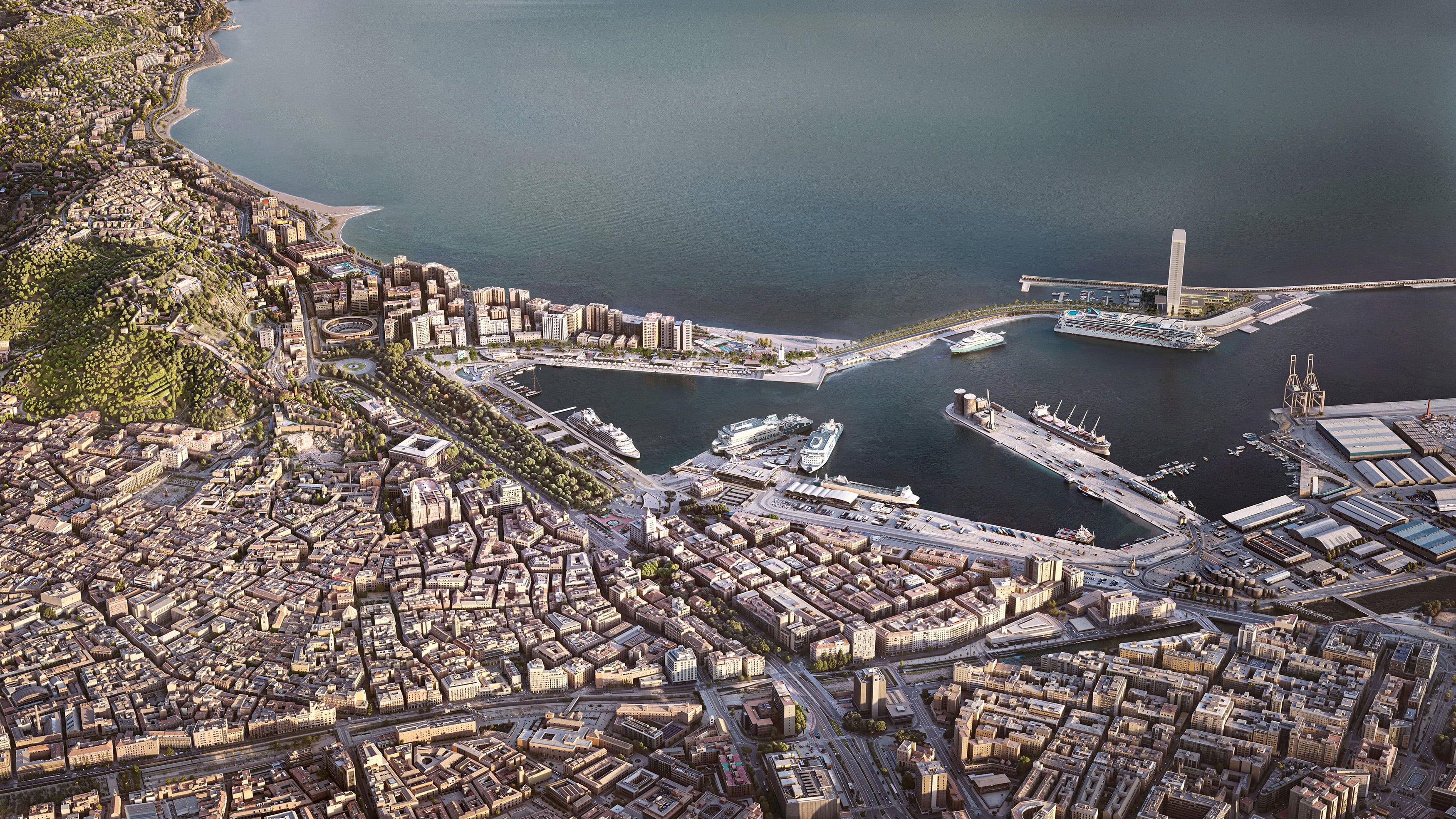 Imagen de una vista aérea con la torre del Puerto en el dique de Levante presentada tras la reunión del equipo de gobierno en el ayuntamiento de Málaga con los promotores y el arquitecto David Chipperfield (Autoridad Portuaria)