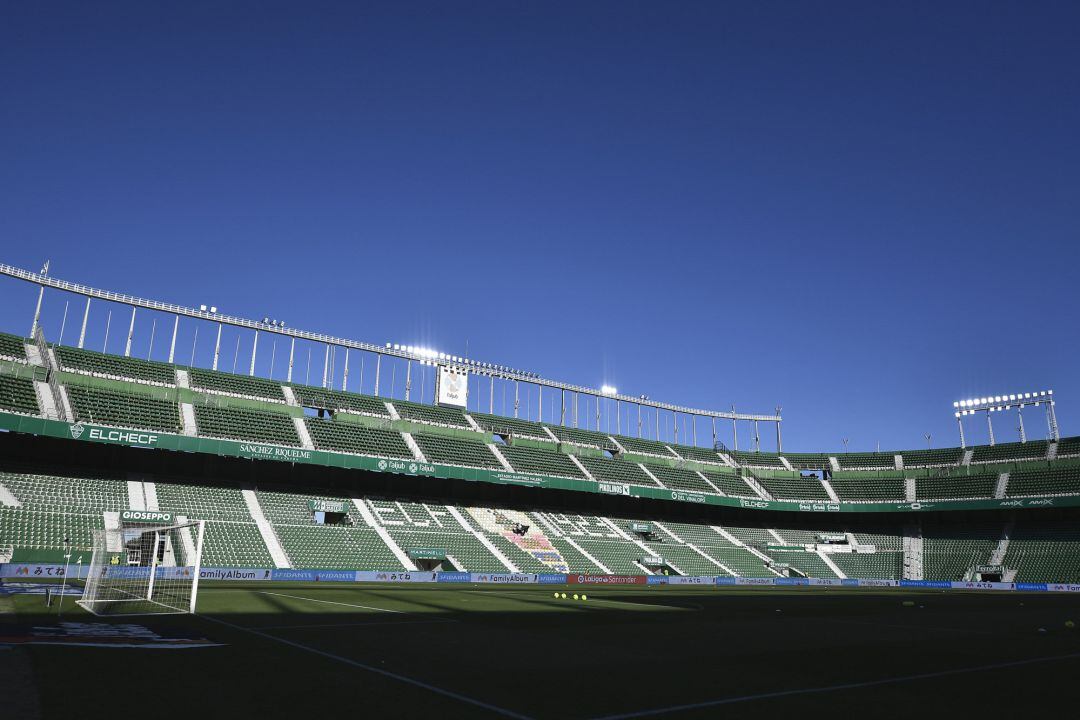 A general view inside the stadium prior to the La Liga Santander match between Elche CF and Deportivo Alavés at Estadio Martinez Valero on May 11, 2021 in Elche, Spain. Sporting stadiums around Spain remain under strict restrictions due to the Coronavirus Pandemic as Government social distancing laws prohibit fans inside venues resulting in games being played behind closed doors.