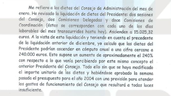 Carta remitida por el director financiero de Telemadrid al departamento jurídico, mostrando su inquietud por las elevadas dietas percibidas por el presidente del Consejo de Administración Álvaro Renedo.