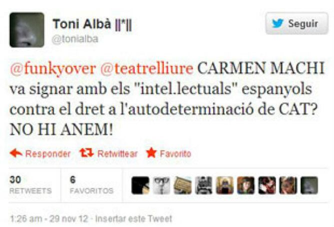 Tuit de Toni Albà en el que pide a los ciudadanos que no acudan a ver la obra de Carmen Machi