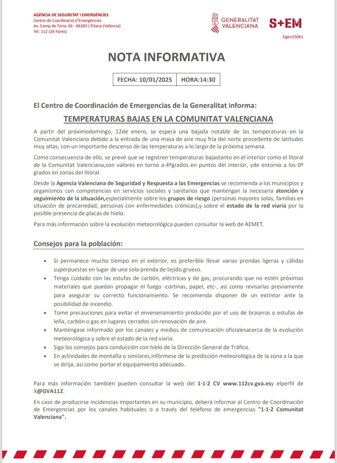 Aviso del 112 Comunitat Valenciana. Fuente: X GVA 112 CV