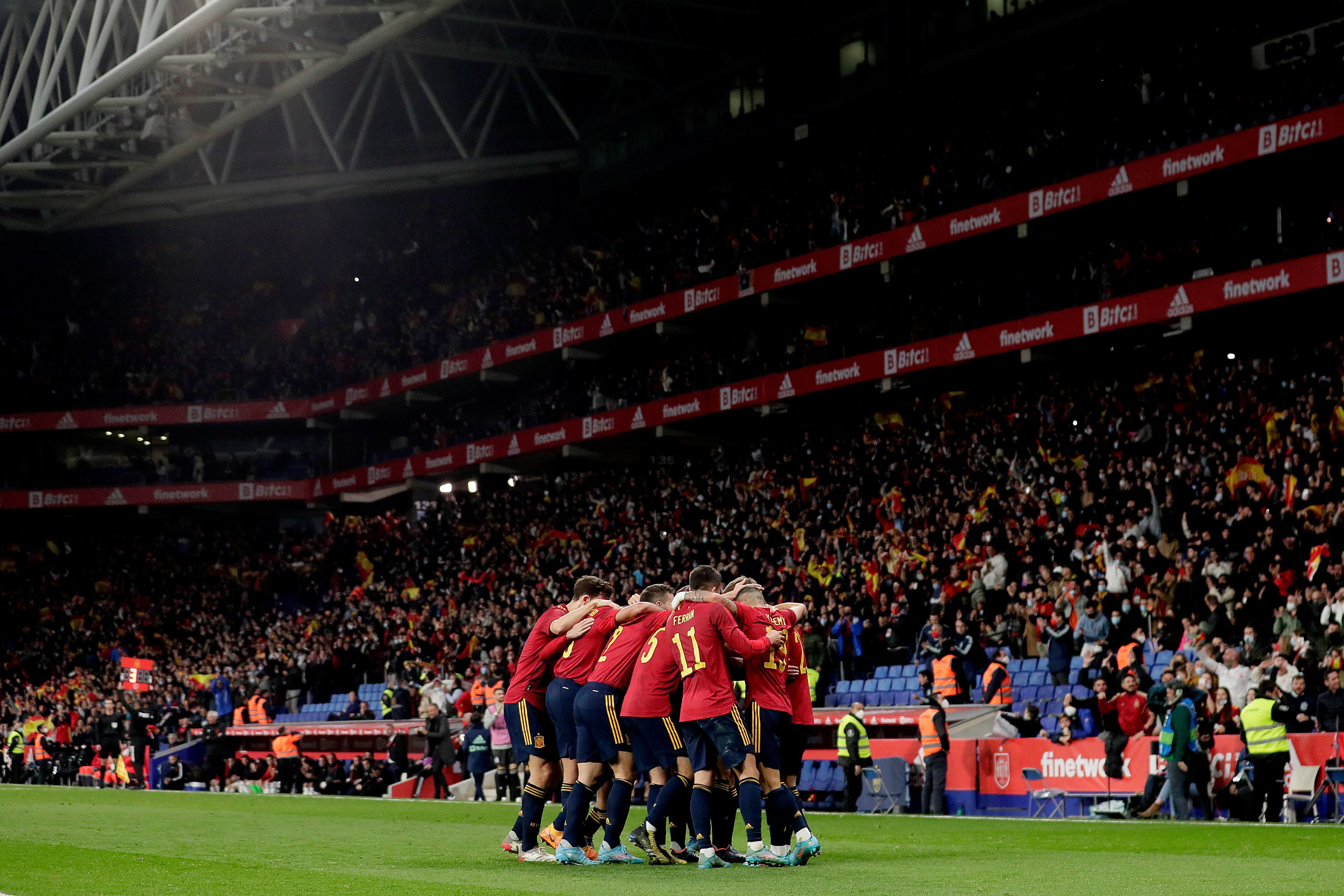 La selección española celebra un gol en un amistoso contra Albania, el pasado mes de marzo.