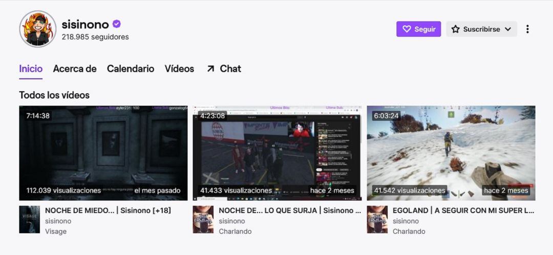 Vista del perfil de Twitch de la &#039;streamer&#039; Sisinono