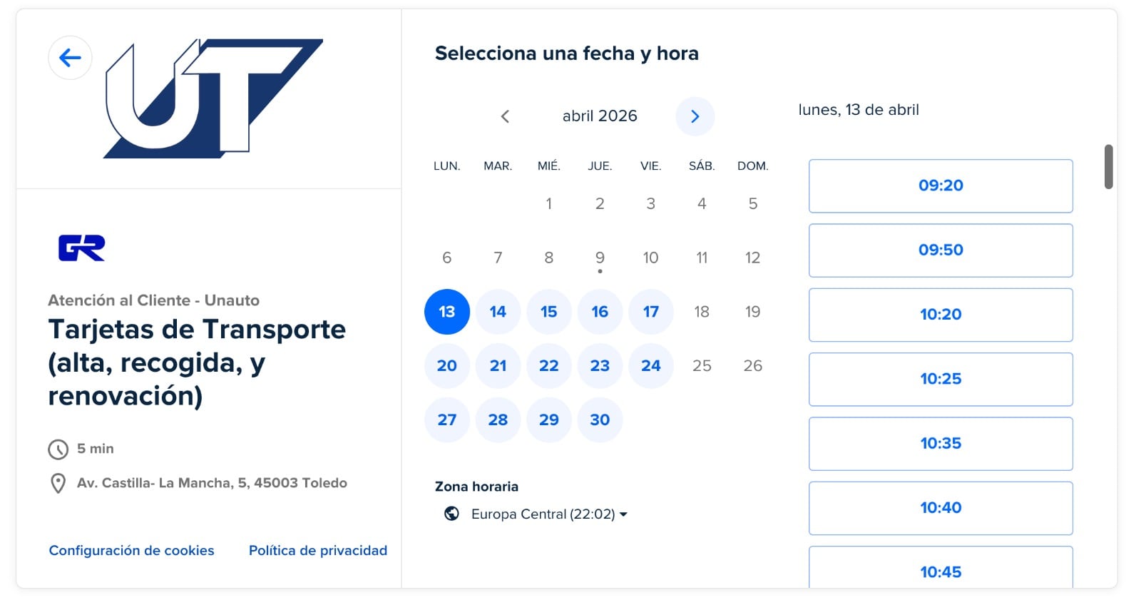 Pantallazo de la aplicación online para solicitar cita previa en la web de UNAUTO