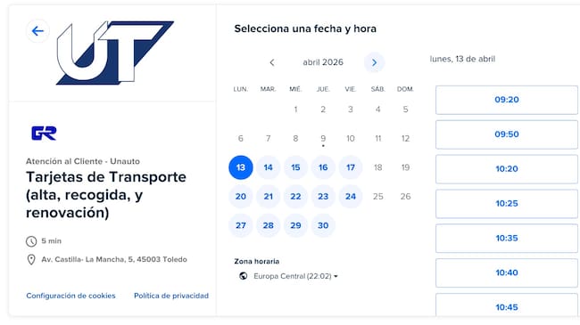 Pantallazo de la aplicación online para solicitar cita previa en la web de UNAUTO
