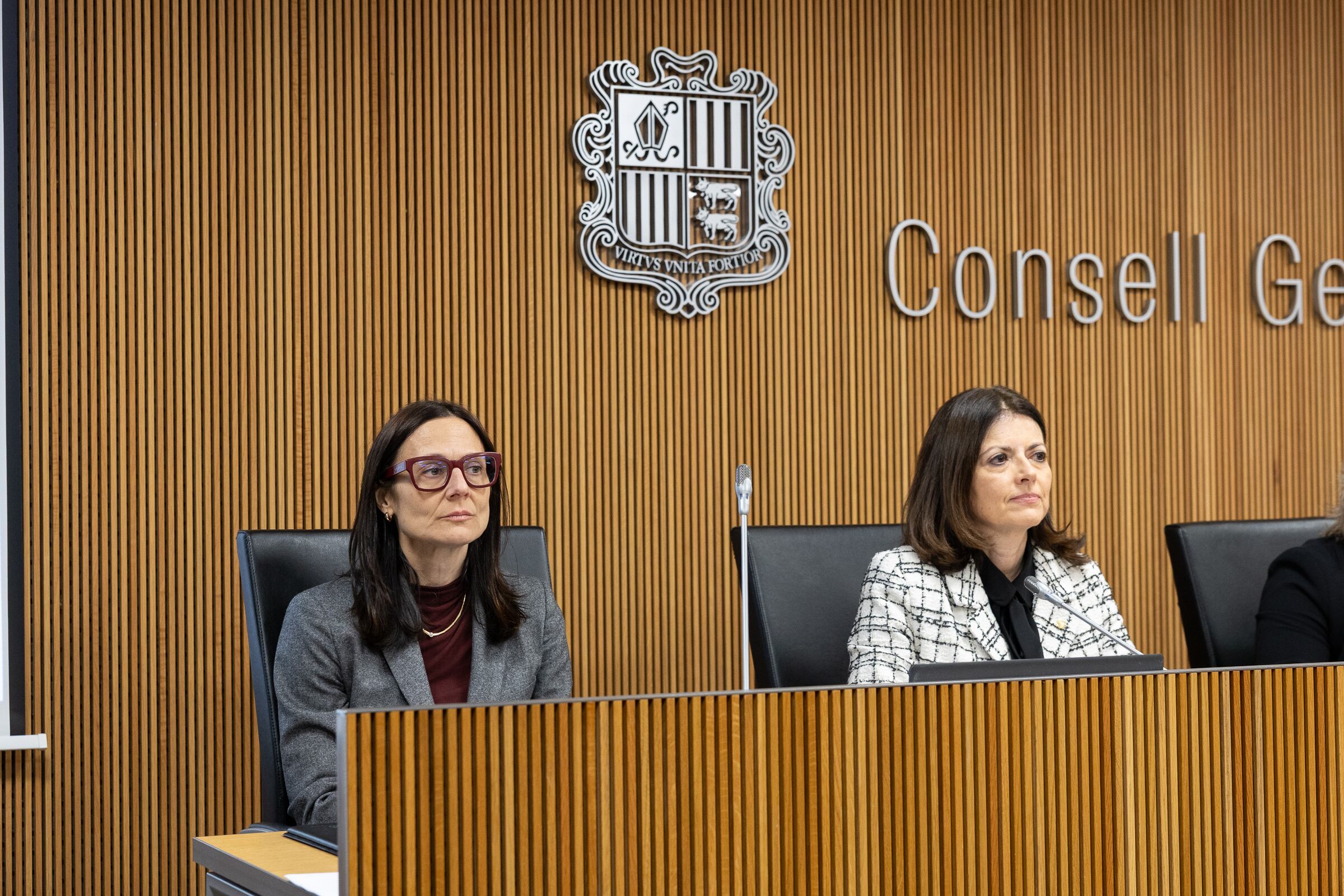 Les ministres Imma Tor (d) i Ester Molné (e) en la compareixença al Consell General d'aquest divendres