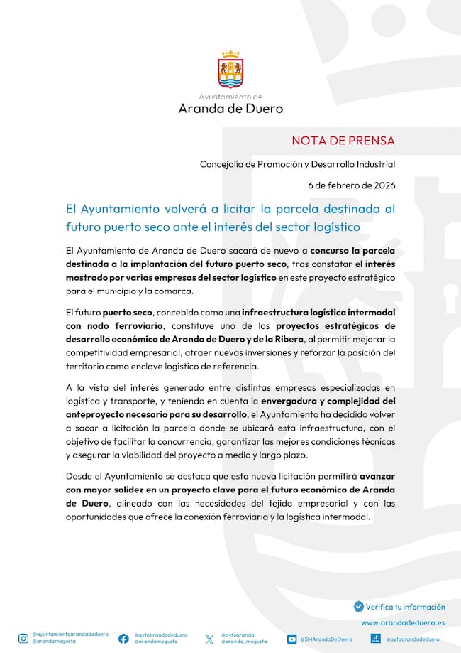 Nota de prensa sobre la licitación del Puerto Seco de Aranda