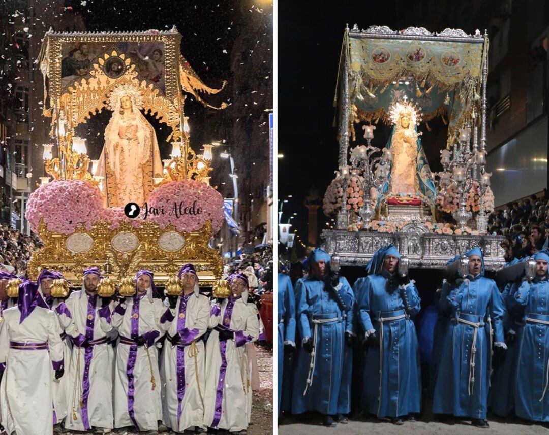 Imagen de las titulares del Paso Blanco, Santísima Virgen de la Amargura, y del Paso Azul, Santísima Virgen de los Dolores, durante la procesión de Viernes Santo en Lorca