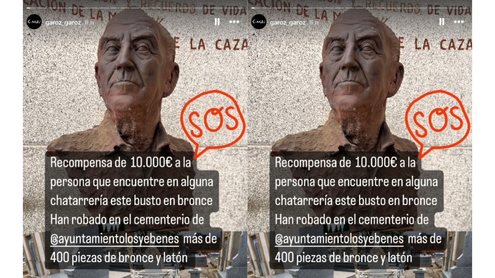 Recompensa de 10.000 euros para recuperar este busto, robado en el cementerio de Los Yébenes (Toledo)