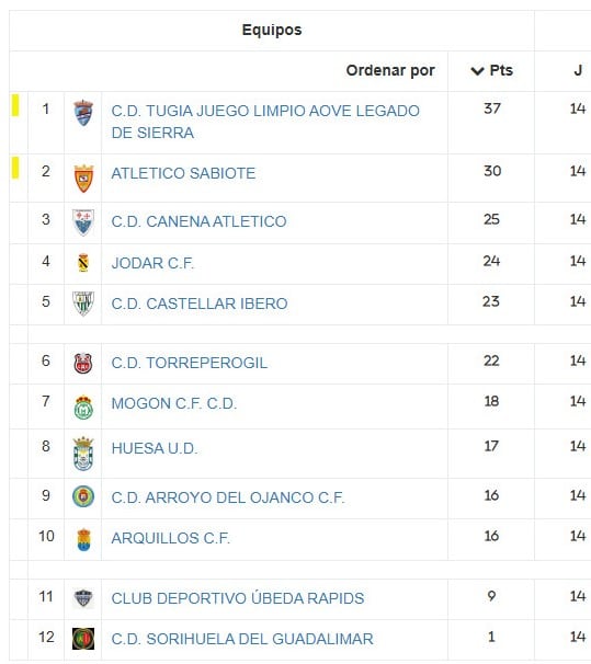 Clasificación tras la 14 ª Jornada