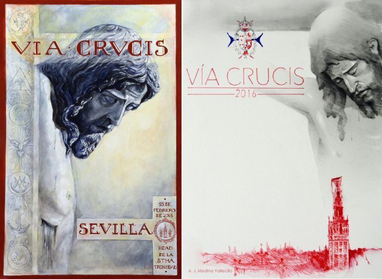 A la izquierda, el cartel del Vía Crucis del Consejo obra de Fernando Aguado. A la derecha, la papeleta de sitio extraordinaria realizada por Antonio José Medina