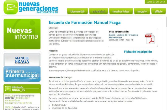 Captura de pantalla del sitio web de Nuevas Generaciones en donde se describe el funcionamiento de la Escuela de Formación de Manuel Fraga