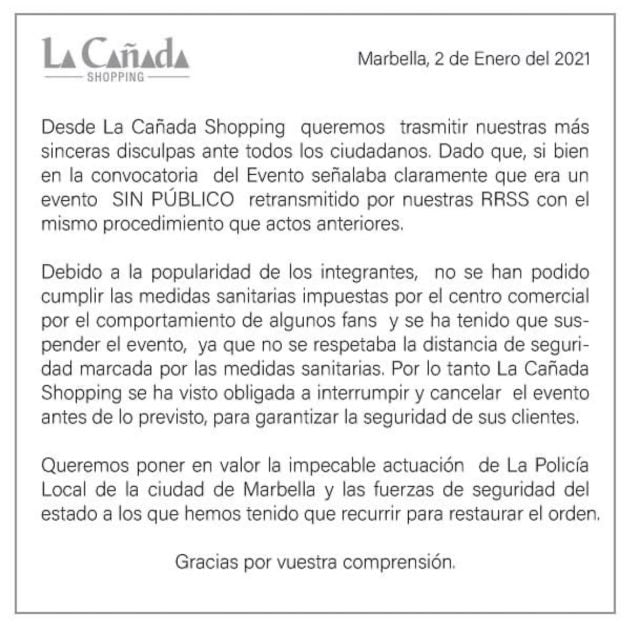 Comunicado del centro comercial marbellí