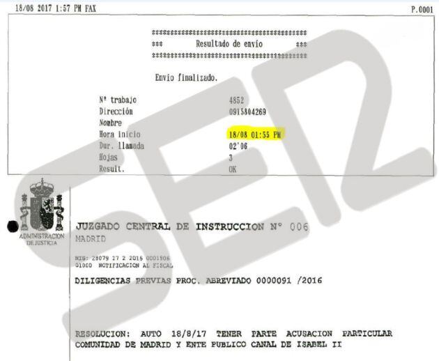 Imagen del registro del Fax enviado por la Audiencia Nacional a los abogados de la Comunidad de Madrid, el mismo día 18 de agosto, para notificarles el auto en el que aceptan su personación en la causa del Caso Lezo