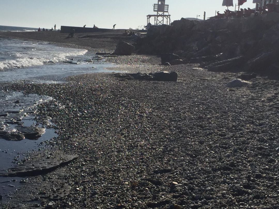 Estado que presenta la playa de la Perla de Carchuna tras el temporal de poniente