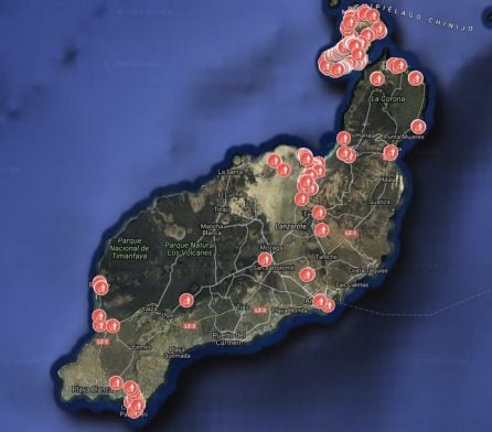 Mapa con la geolocalización de la basura encontrada en distintos puntos de Lanzarote y La Graciosa.