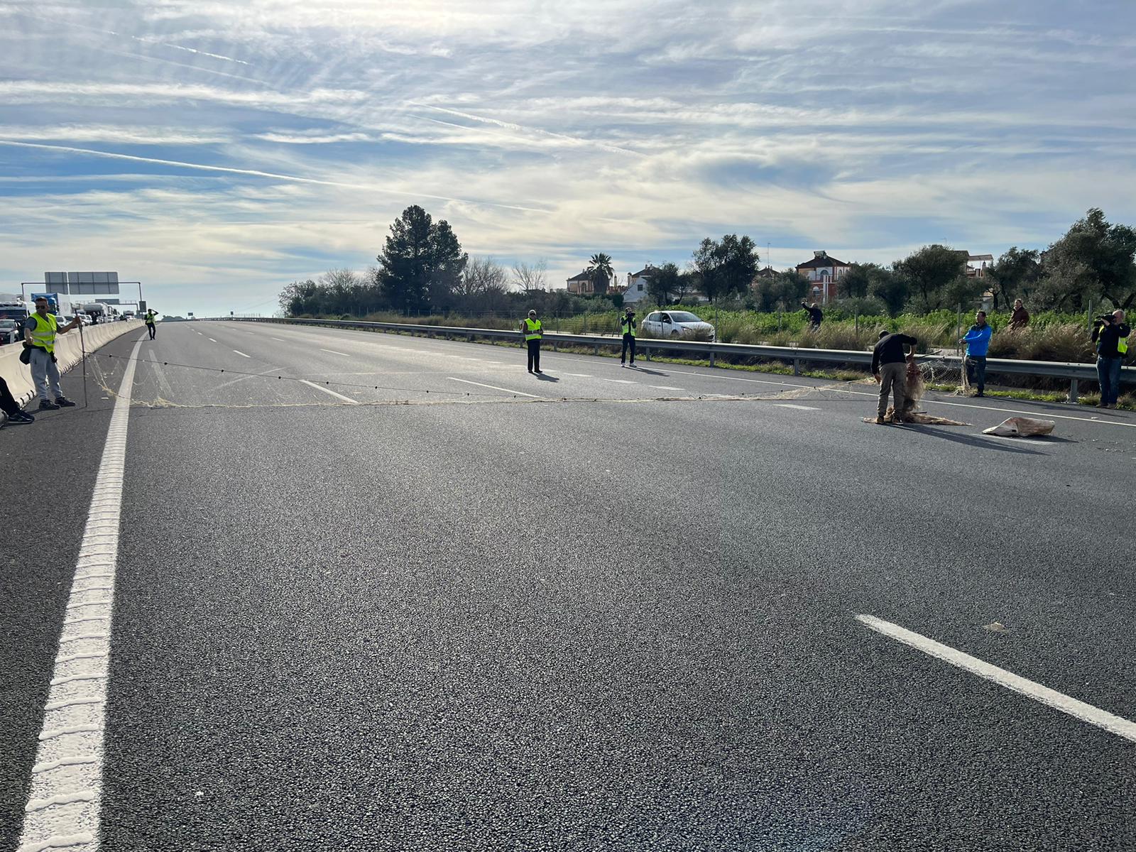 Agricultores cortando la A-49 en Benacazón con redes