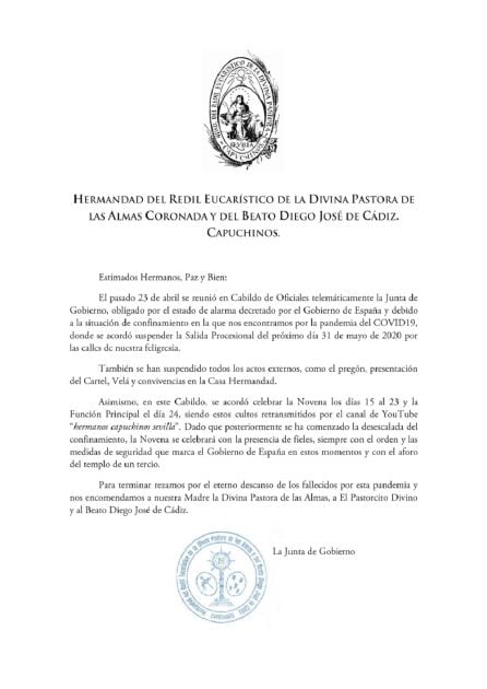 Comunicado remitido por la junta de gobierno de la Pastora de Capuchinos