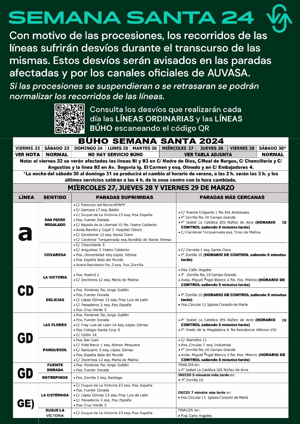 ervicios de AUVASA modificados en Semana Santa