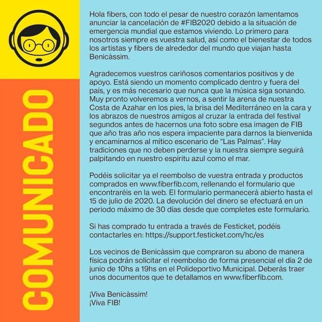 Comunicado oficial de la organización en redes sociales.