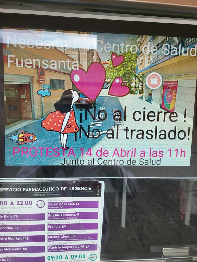 Cartel de &#039;No al cierre&#039;, &#039;No al traslado&#039; del centro de Salud de Fuensanta. Fuente: Cadena SER