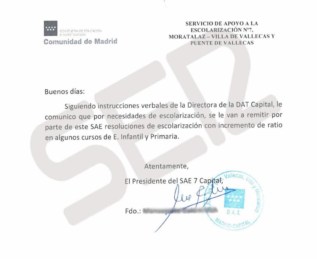 El documento con el que la Comunidad de Madrid da órdenes de aumentar el número de alumnos por aula por encima de lo que marca la ley.