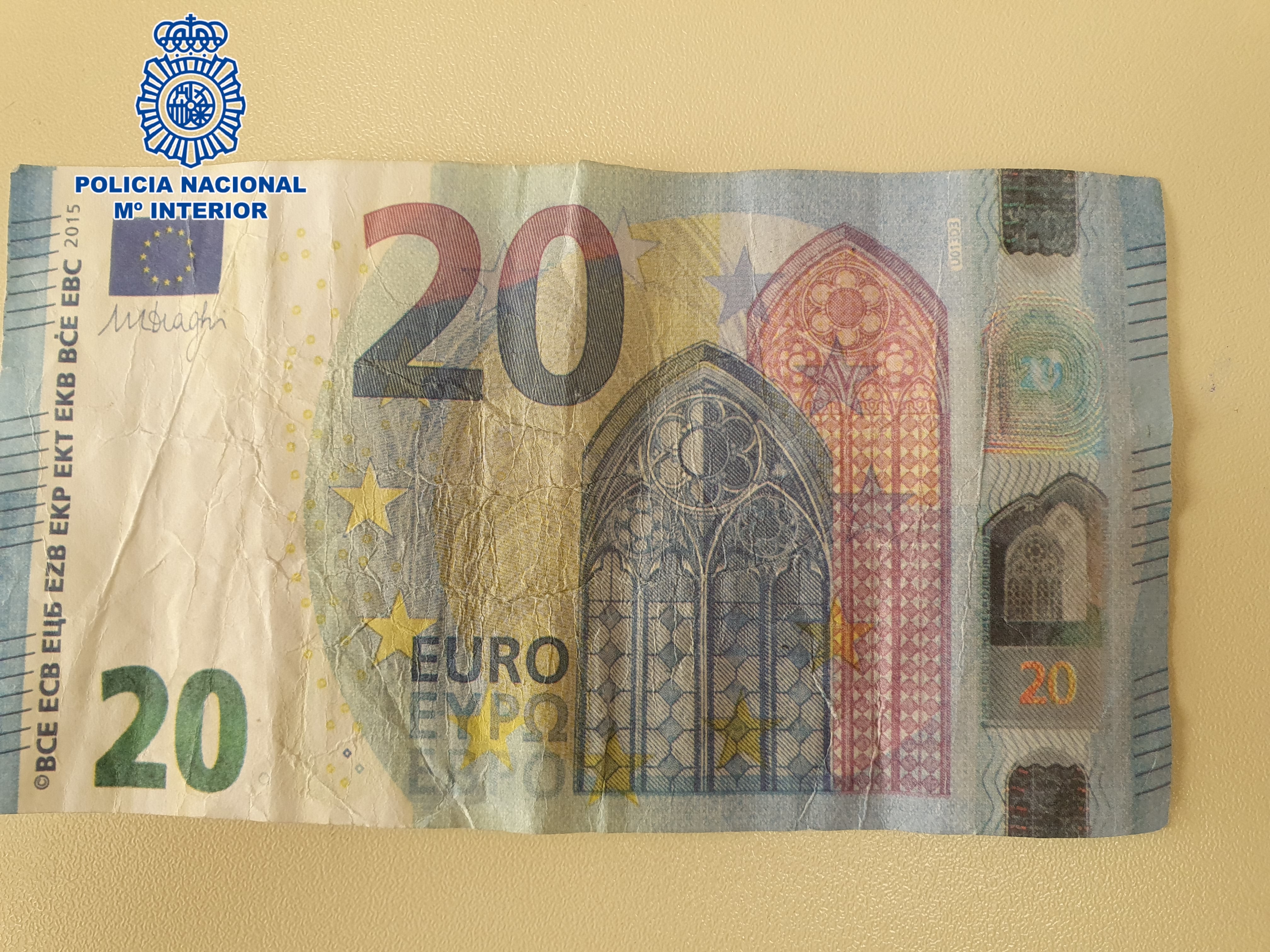 Billete falso de 20 euros interceptado por la Policía Nacional en Jaén.