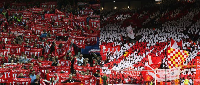 Aficionados del Sevilla y del Liverpool apoyan a sus equipos