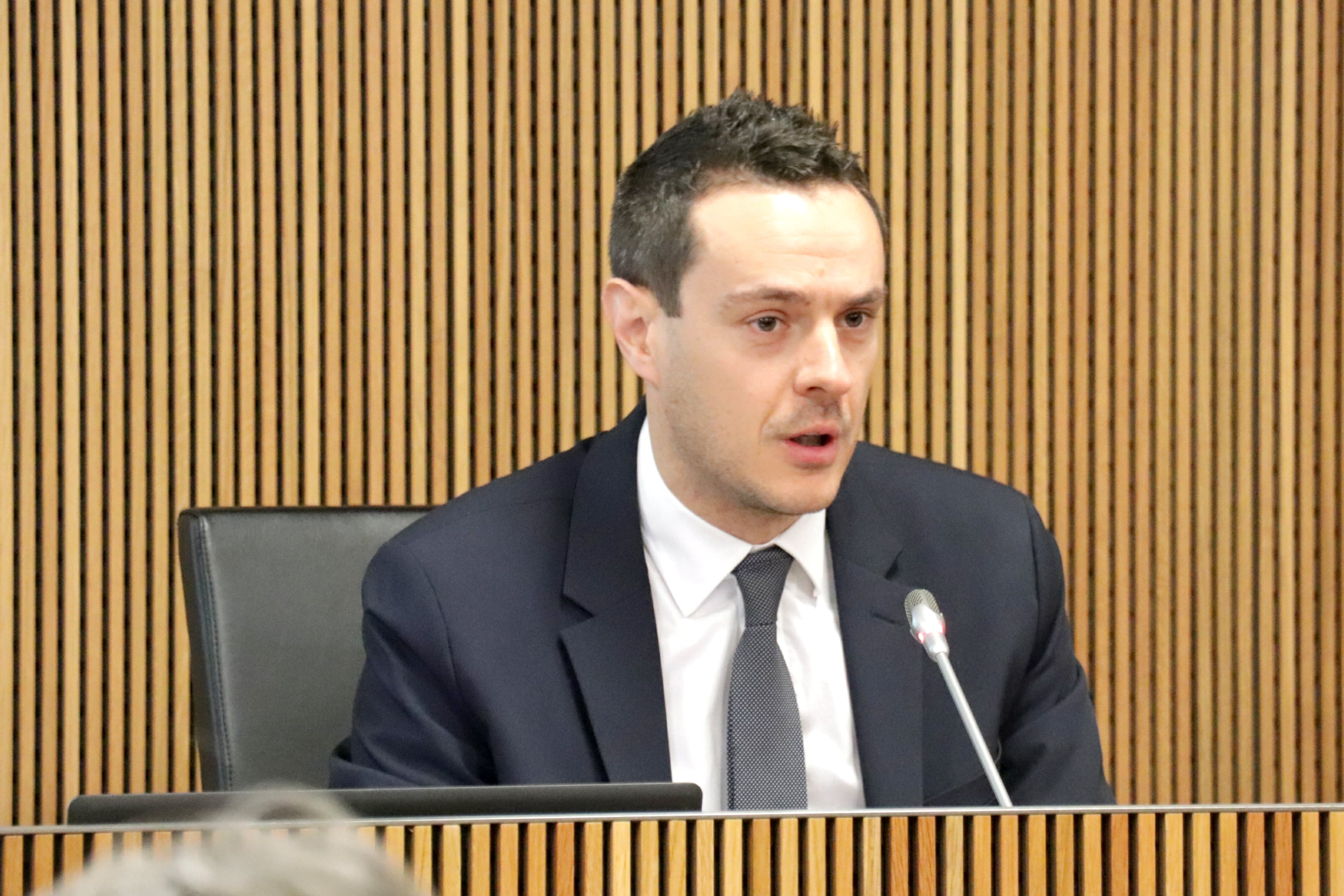 El president del consell d'administració de la CASS, Marc Galabert, durant la compareixença d'aquest dijous al Consell General sobre el sobrepagament de les pensions d'invalidesa.