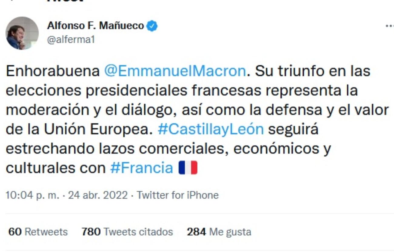 El presidente de la Junta de Castilla y León, Alfonso Fernández Mañueco, felicita a Macron