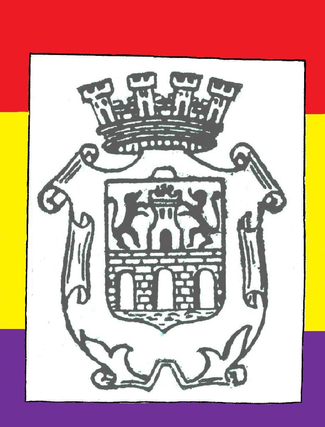 Escudo republicano de Aranda (con corona mural) sobre bandera tricolor de la Segunda República