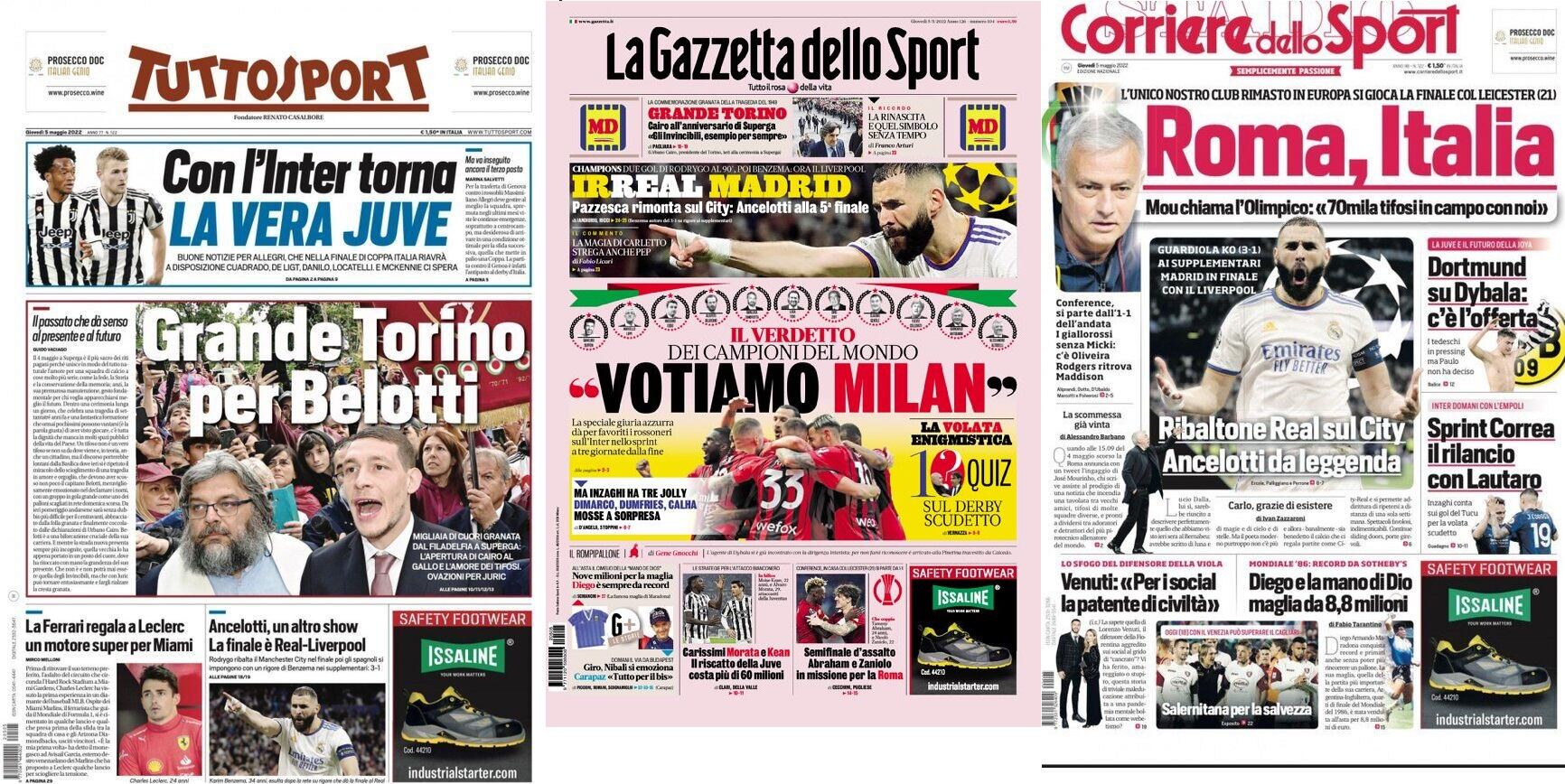 Portadas italianas sobre la gesta del Real Madrid.