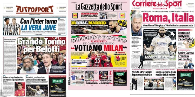 Portadas italianas sobre la gesta del Real Madrid.