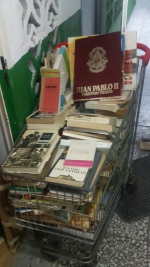 Uno de los carros de libros salvados de la trituradora.