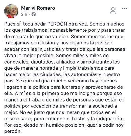 El mensaje que la diputada del PP ha publicado en su muro de Facebook