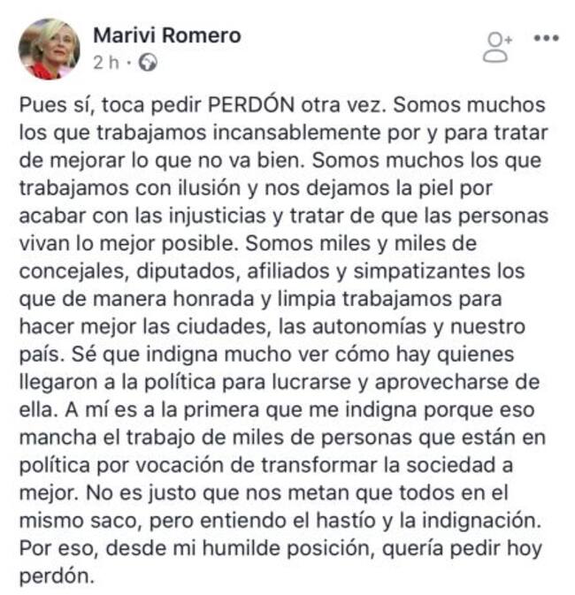 El mensaje que la diputada del PP ha publicado en su muro de Facebook