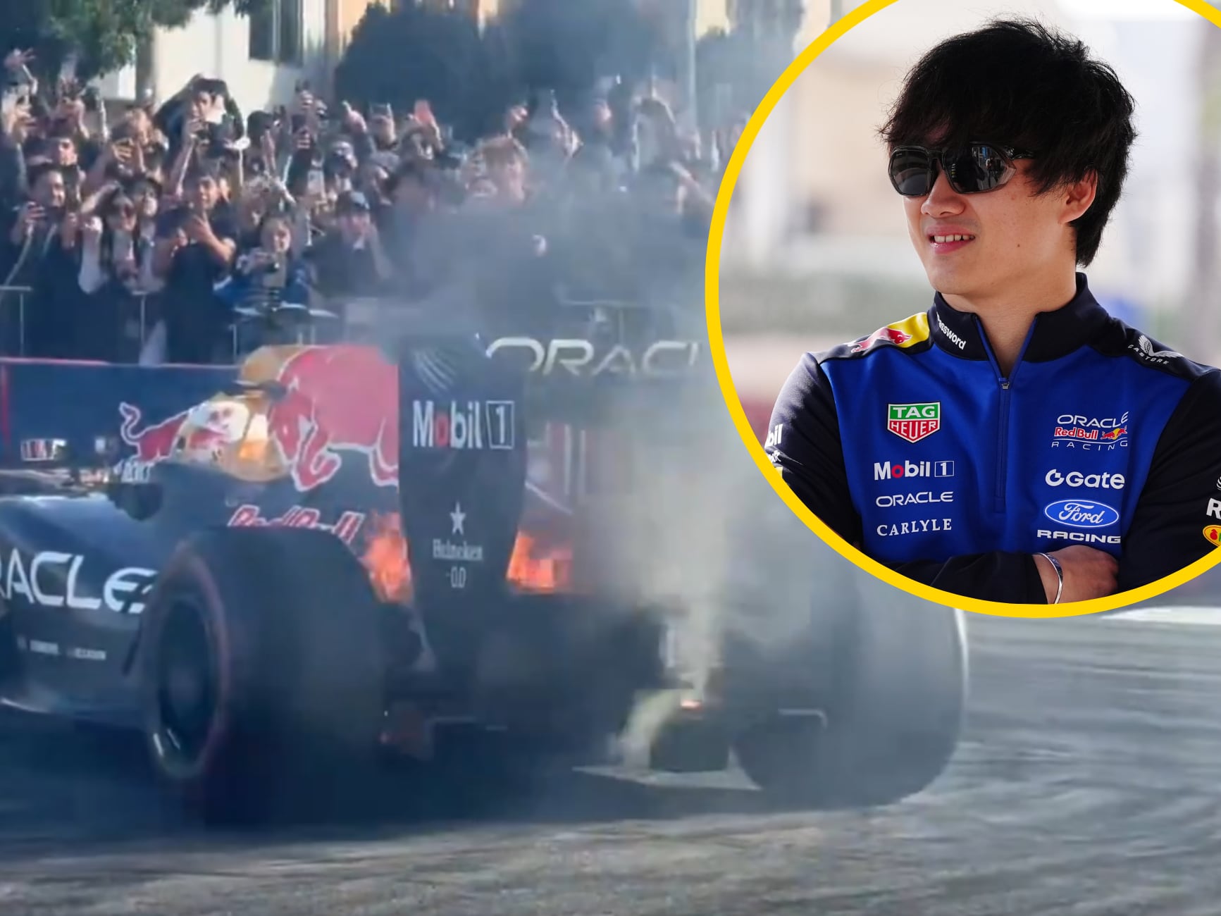 En un montaje, Tsunoda junto al momento en el que su coche sale ardiendo