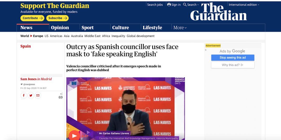 Imagen de la noticia en The Guardian sobre la polémica intervención del concejal Carlos Galiana con playback en la presentación de la candidatura de València para ser Capital Europea de la Innovación 2020