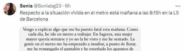 Tuit en el que una chica explica una situación vivida en el Metro de Barcelona.