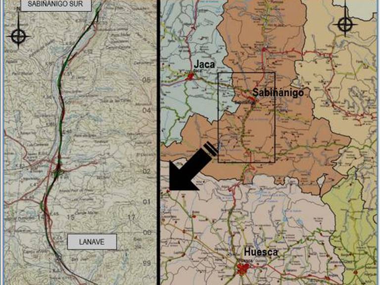 Mapa del proyecto previsto en el tramo entre Lanave y Sabiñánigo