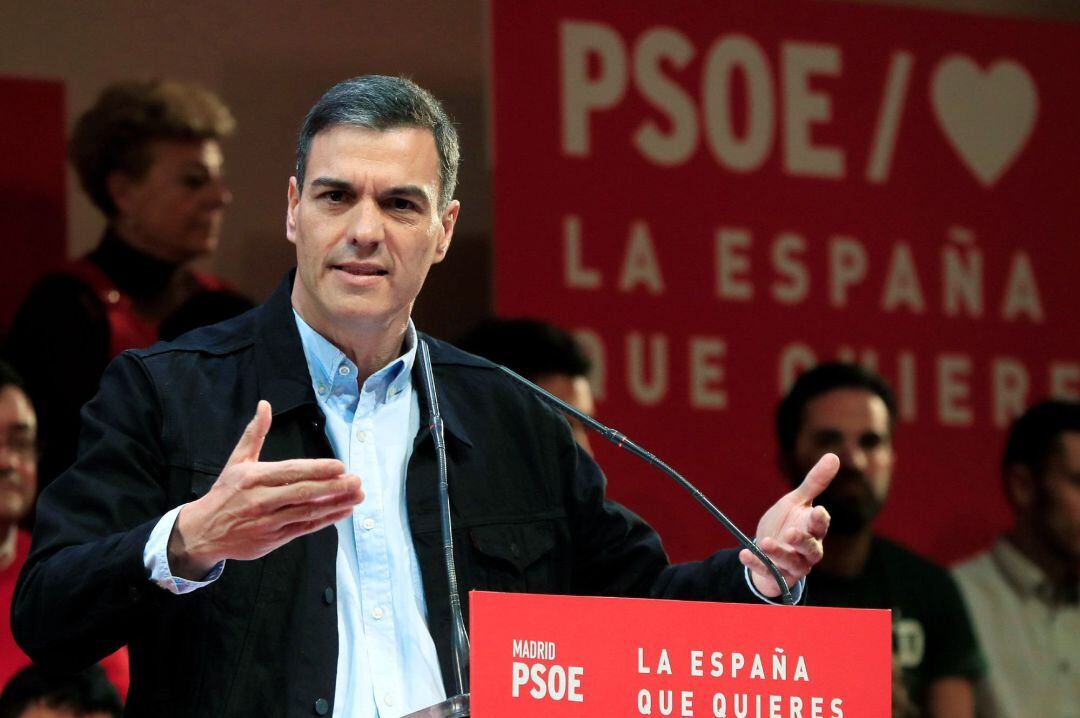 El presidente del Gobierno y secretario general del PSOE, Pedro Sánchez, interviene en un acto electoral 