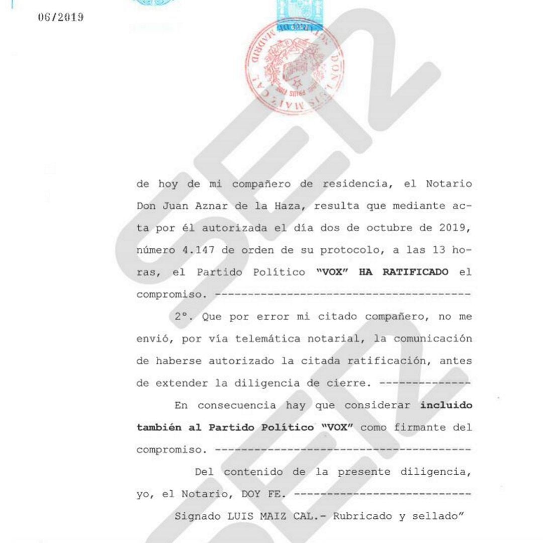 Acta notarial del acuerdo entre los partidos para reducir la propaganda electoral.